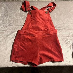 Rust Faux Suede Short Overalls with Brass Details